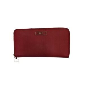 DKNY Red Saffiano Leather Zip Around Continental Wallet With Dust Bag